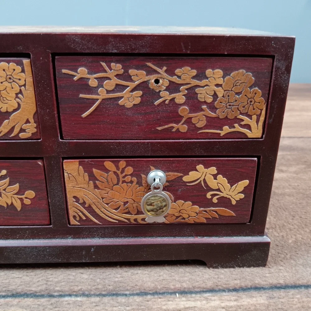 VTG MCM Asian Cherry Wood Carved Birds Abalone Shell Jewelry Box